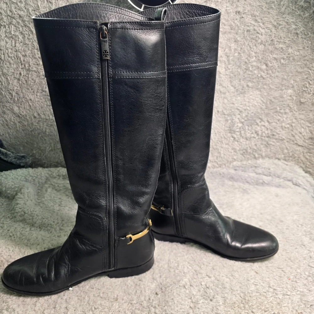 Tory Burch Riding Boots Black Leather Gold Stirrup Logo Heel Hardware Women 8.5